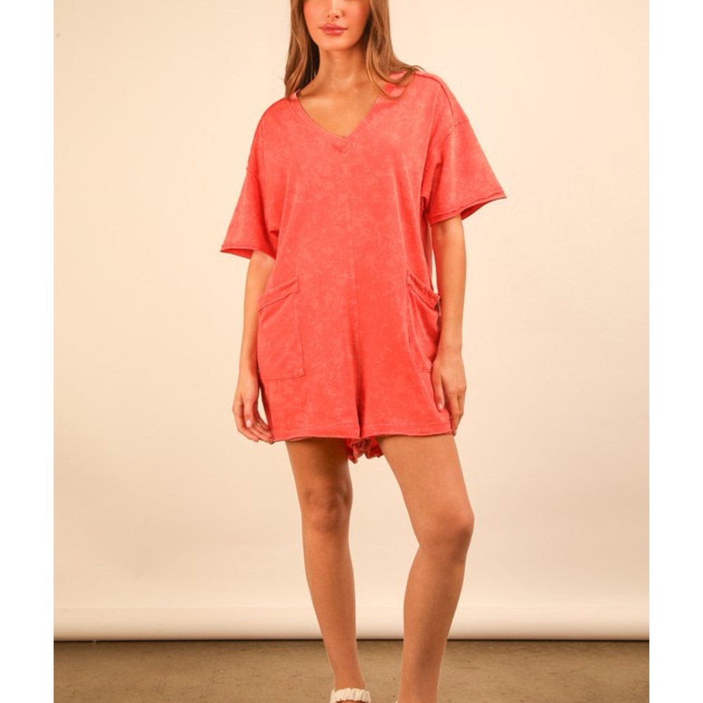 🎉 JUST ARRIVED 🎉 Mineral Washed Oversized Romper in Coral